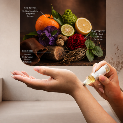 LeScent LBM roll-on perfume oil inspired by Dior Fahrenheit with mandarin, violet leaf, leather and woods.