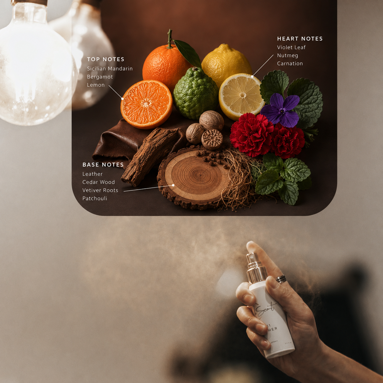 LeScent LBM room fragrance inspired by Dior Fahrenheit with mandarin, violet leaf, leather and woods.
