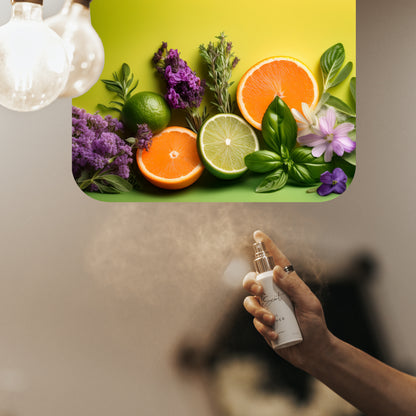Spraying LeScent LBM room spray inspired by Jo Malone Lime Basil & Mandarin — citrus herbal home fragrance freshener mist with lime, basil and mandarin for a crisp atmosphere.