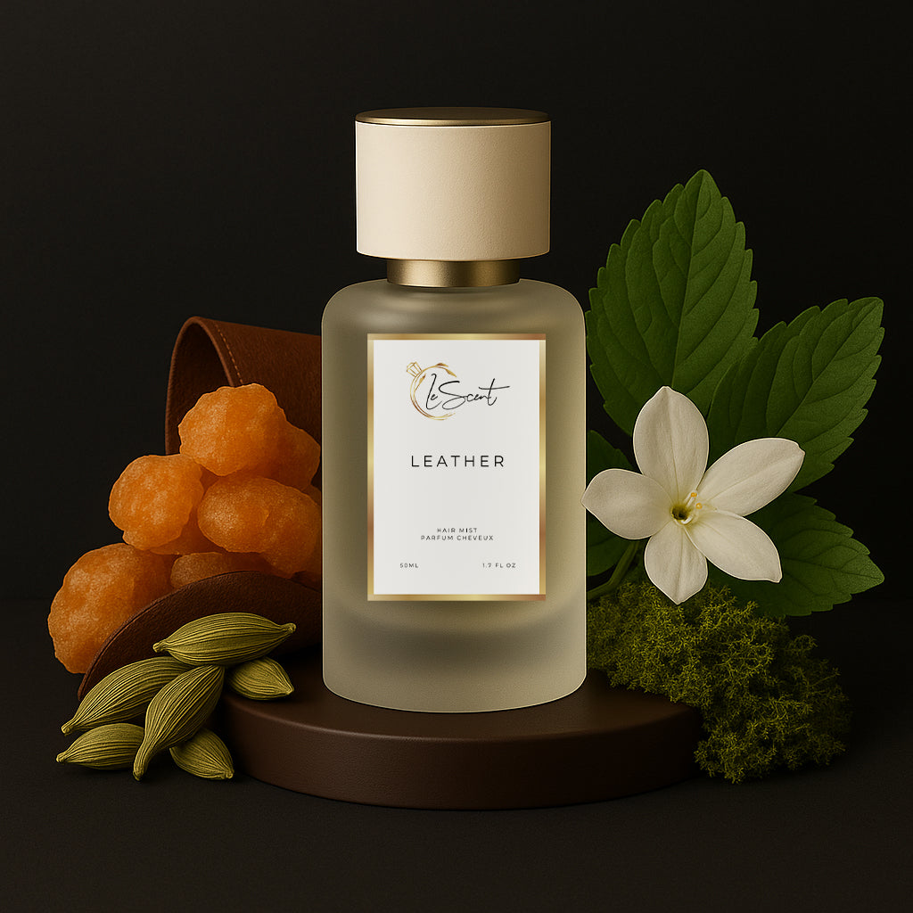 LeScent Leather hair perfume mist with ingredient notes of cardamom, jasmine, and amber, a rich leather fragrance inspired by Tom Ford Ombre Leather.