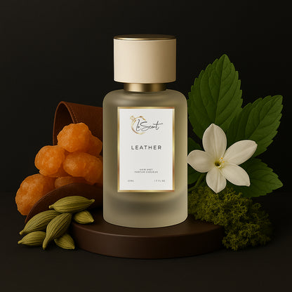 LeScent Leather hair perfume mist with ingredient notes of cardamom, jasmine, and amber, a rich leather fragrance inspired by Tom Ford Ombre Leather.