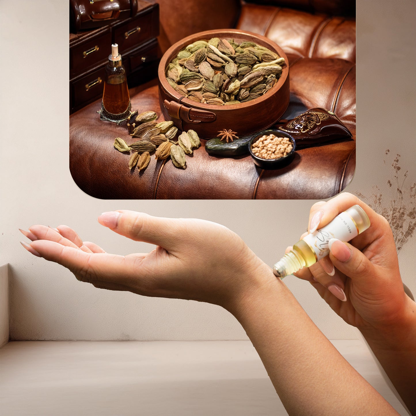 Applying LeScent Leather perfume oil, a rich leather and cardamom fragrance inspired by Tom Ford Ombre Leather, to the wrist.