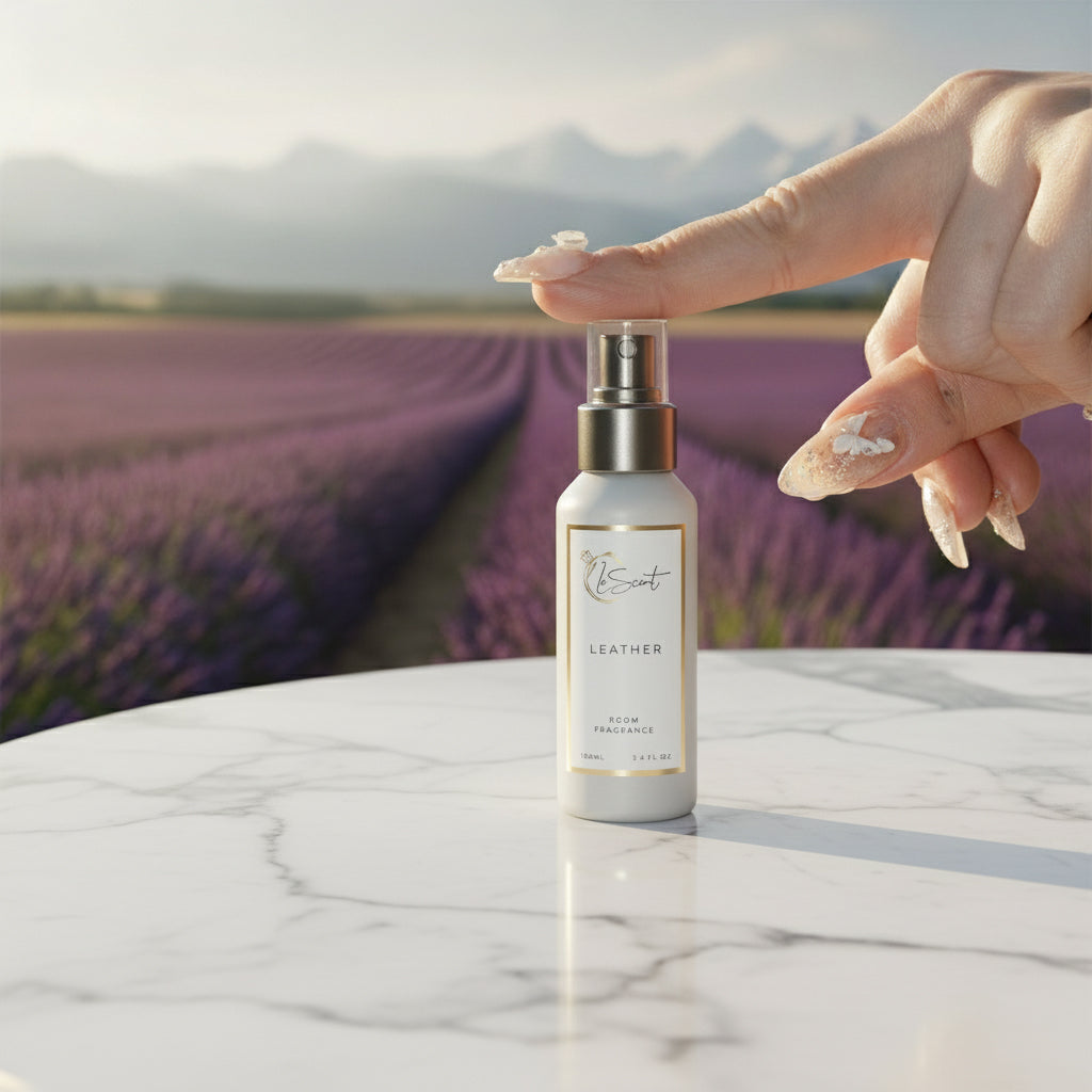 A hand with butterfly-themed nails touching a bottle of LeScent Leather Room Fragrance on a marble table, with a lavender field in the background.