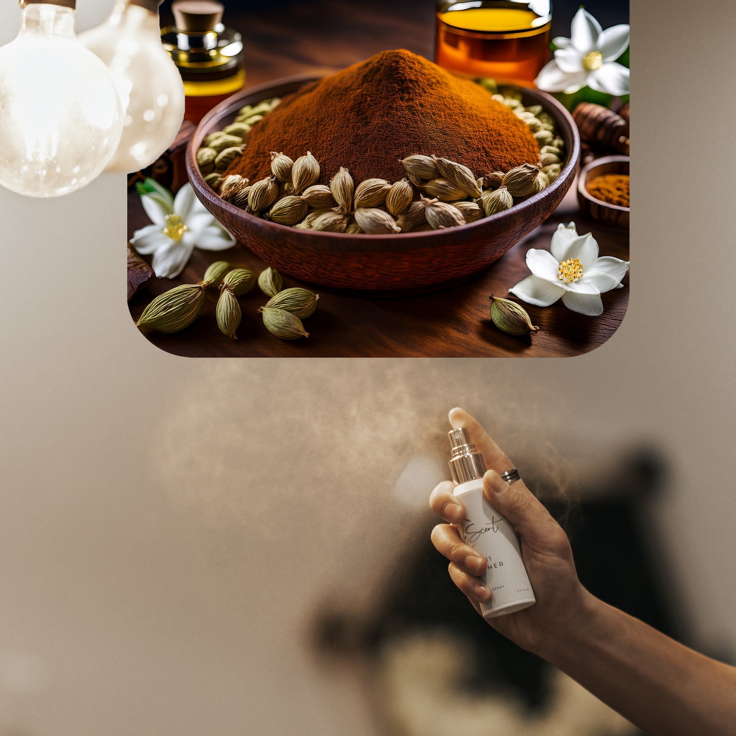 Spraying LeScent Leather home fragrance air freshener, a rich spicy-floral scent with cardamom and jasmine accords, inspired by Tom Ford Ombre Leather.