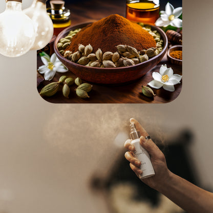 Spraying LeScent Leather home fragrance air freshener, a rich spicy-floral scent with cardamom and jasmine accords, inspired by Tom Ford Ombre Leather.