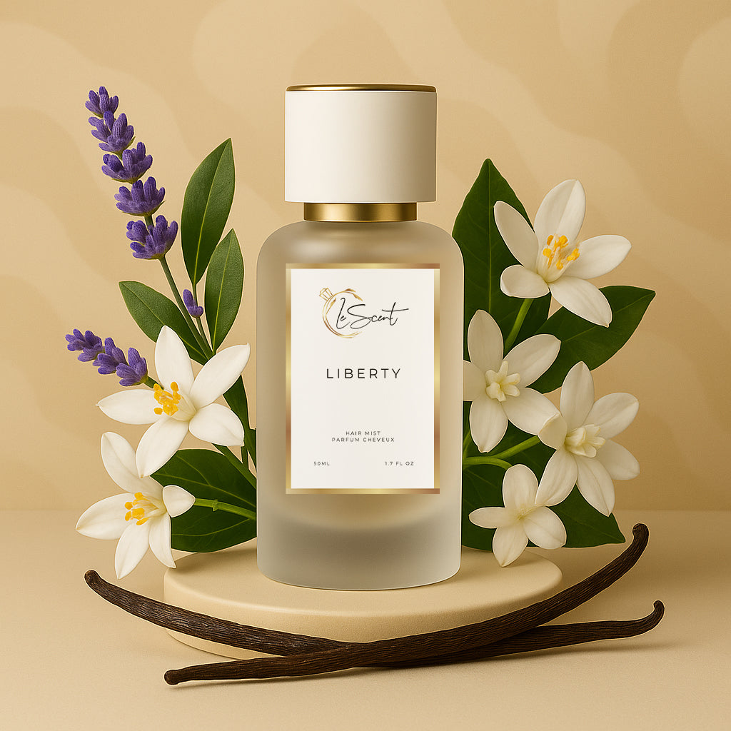 LeScent Liberty hair perfume mist bottle styled with elegant white florals and lavender against a warm neutral background, inspired by Yves Saint Laurent Libre.