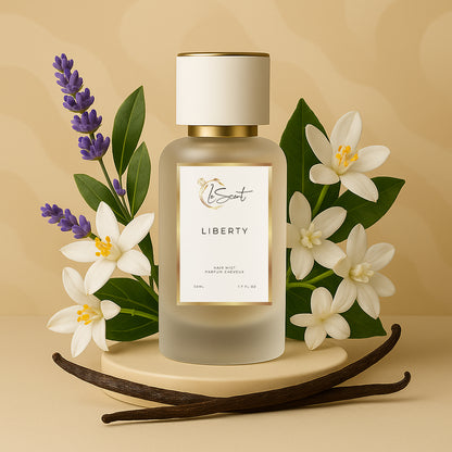 LeScent Liberty hair perfume mist bottle styled with elegant white florals and lavender against a warm neutral background, inspired by Yves Saint Laurent Libre.