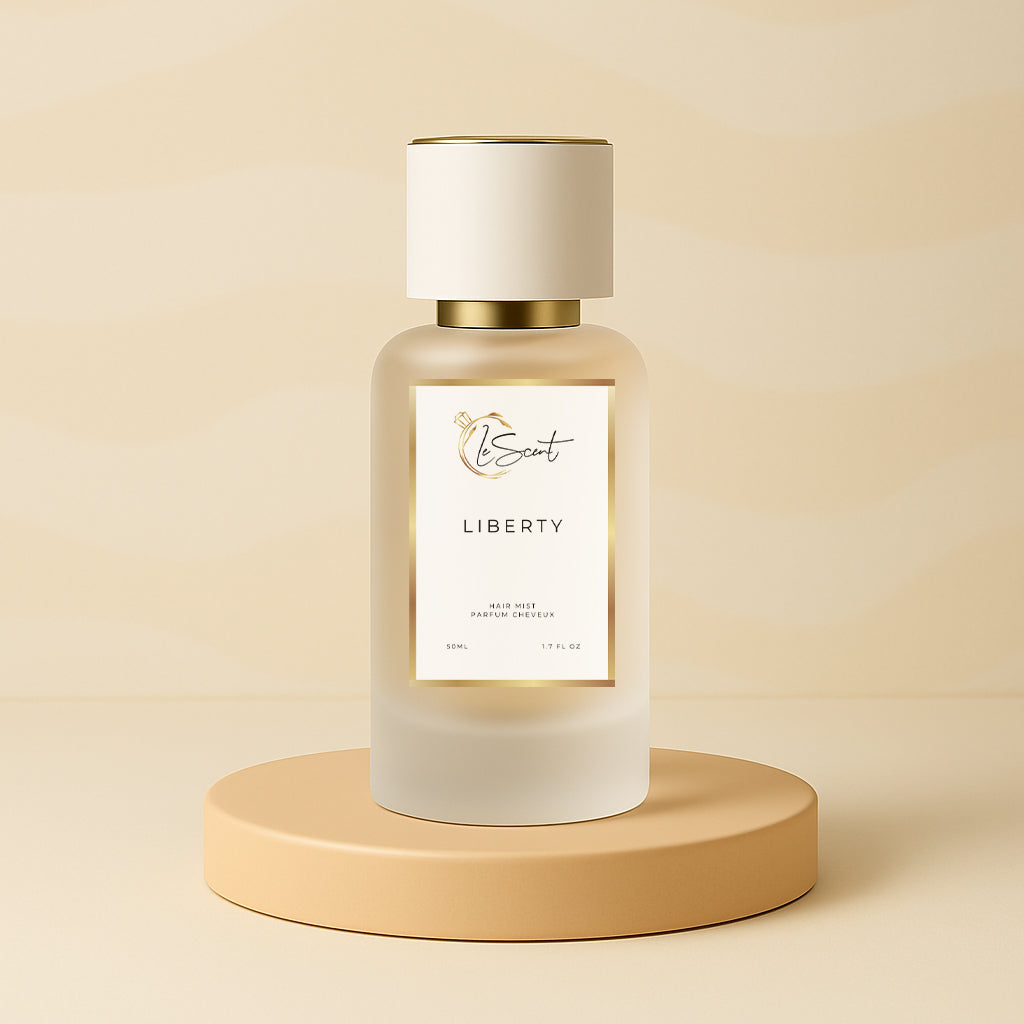 LeScent Liberty hair fragrance mist bottle on a warm beige pedestal with a soft patterned backdrop and smooth studio lighting, inspired by Yves Saint Laurent Libre.