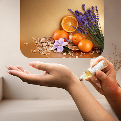 Applying LeScent Liberty roll-on perfume oil onto the wrist with a clean neutral setting and a bright citrus-lavender artistic display above, inspired by Yves Saint Laurent Libre.