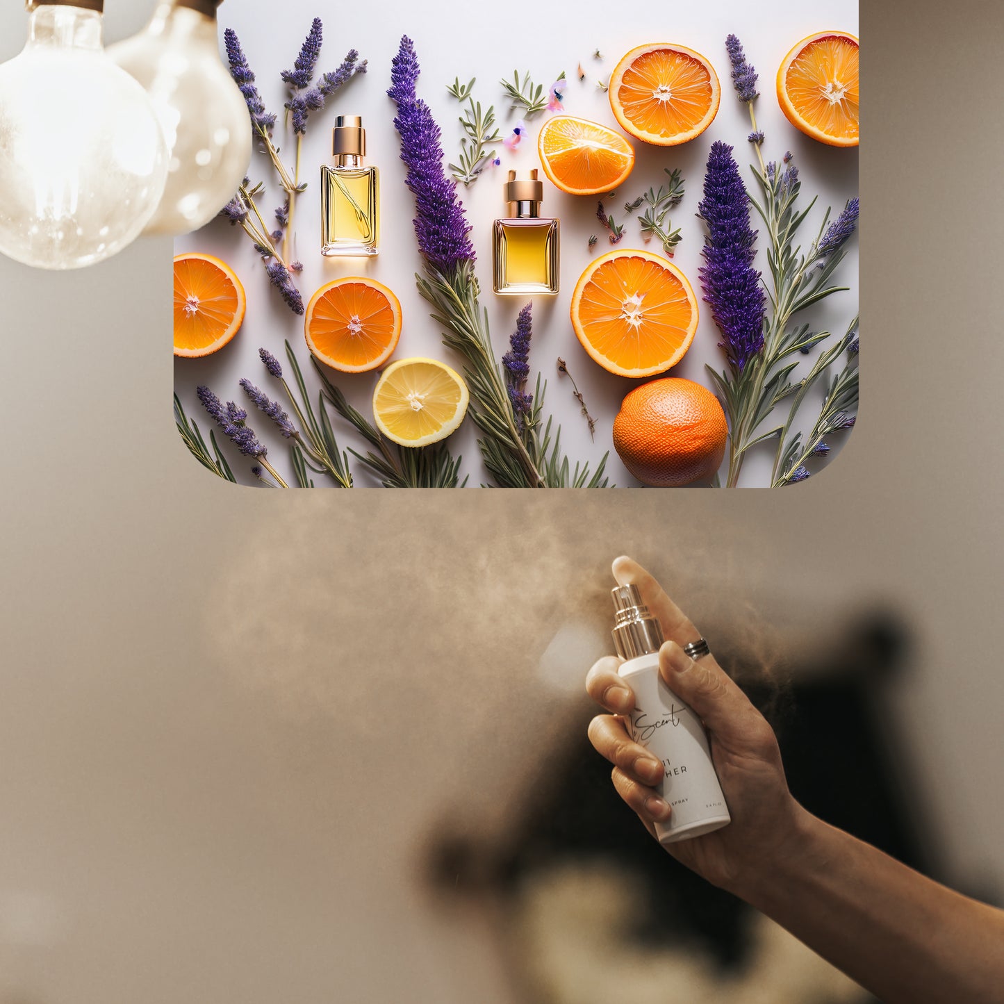 Spraying LeScent Liberty home fragrance freshener mist beneath a bright citrus and floral mood panel, inspired by Yves Saint Laurent Libre.