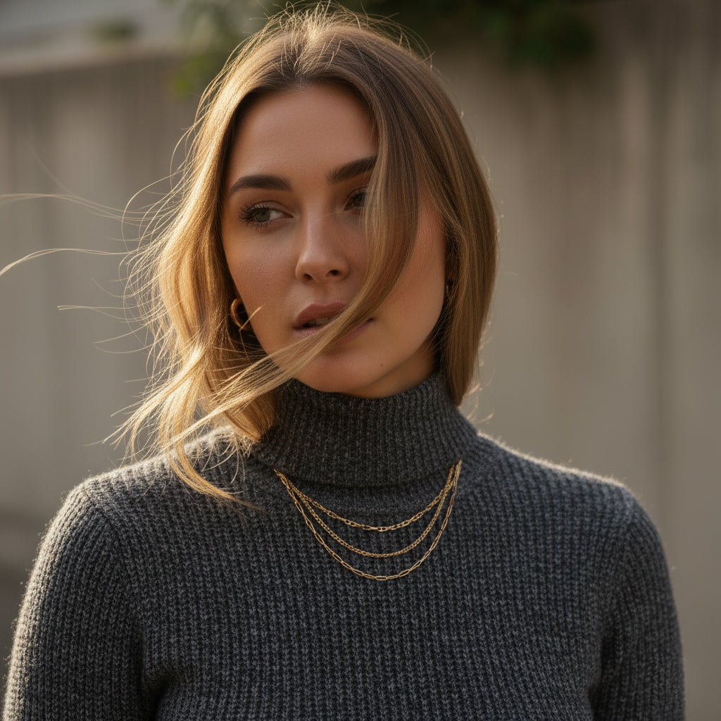 A stylish woman with blonde hair wearing a grey turtleneck sweater and gold necklaces, looking to the side as her hair blows in the wind.