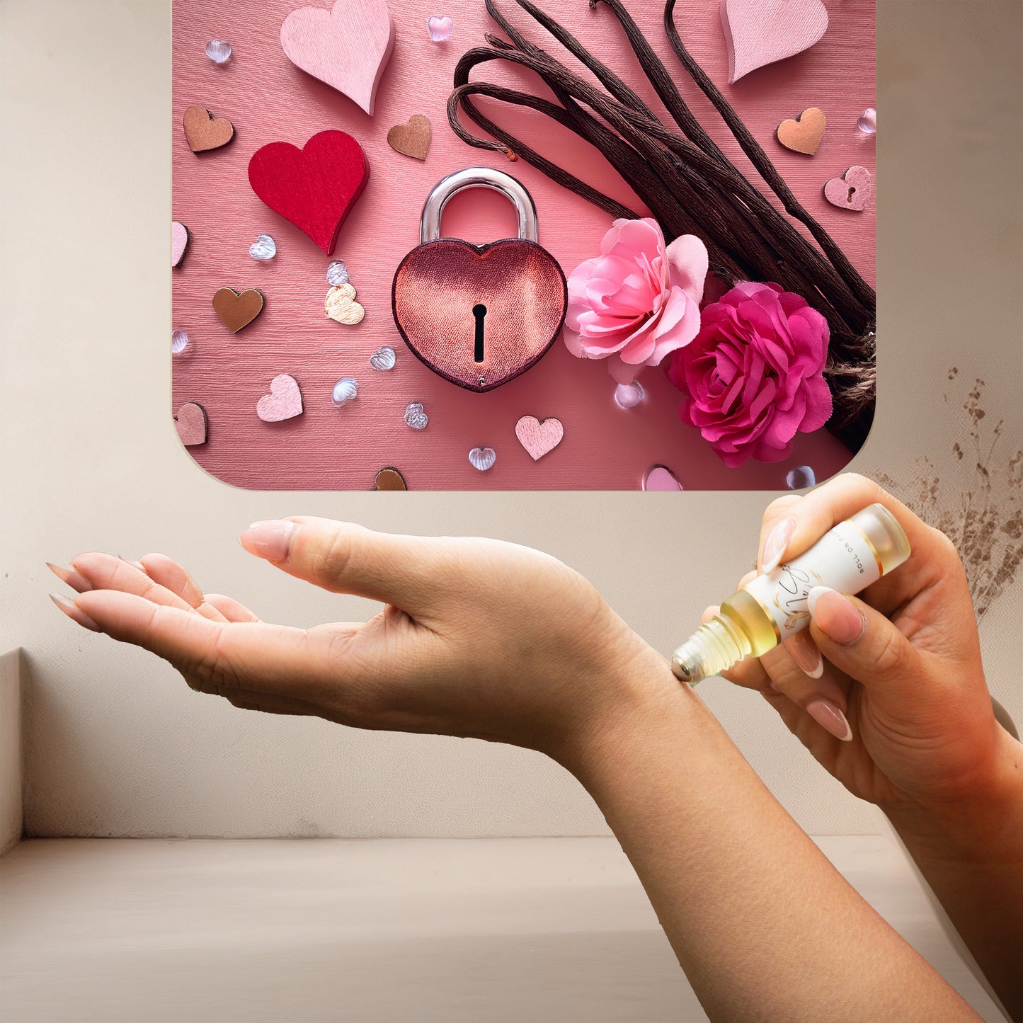Applying LeScent Love roll-on perfume oil on wrist beside pink roses, heart lock, vanilla sticks, and scattered heart decor on a soft pastel surface, inspired by Armani Si.