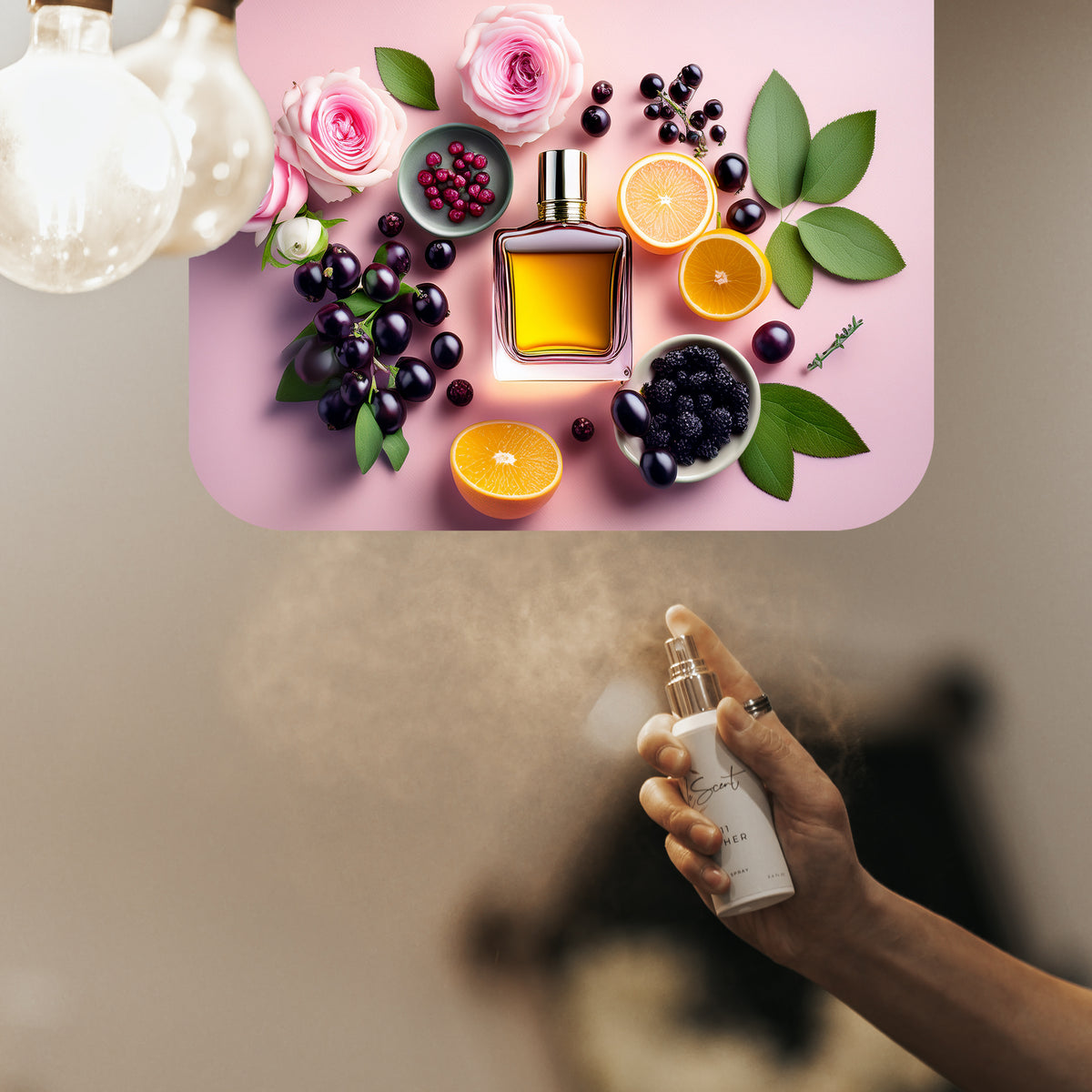 Spraying LeScent Love home fragrance freshener mist beside roses, blackcurrant berries, and sliced orange arranged on a pink surface, inspired by Armani Si.