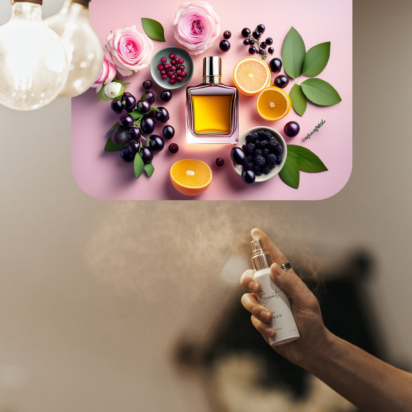 Spraying LeScent Love home fragrance freshener mist beside roses, blackcurrant berries, and sliced orange arranged on a pink surface, inspired by Armani Si.