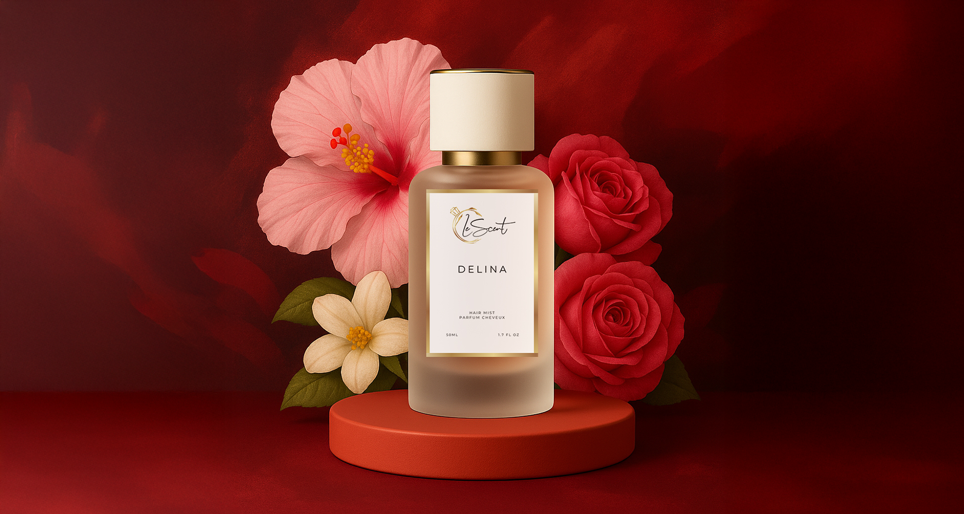 LeScent Delina Hair Mist, a luxury perfume for hair, presented with floral notes of rose and hibiscus to represent its romantic scent profile.