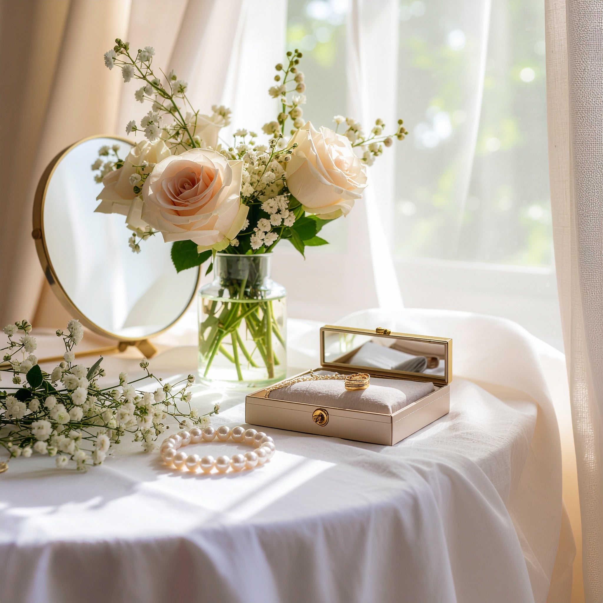 A soft, bright still life featuring a pearl bracelet, a ring in a beige jewelry box, and a vase of pale pink roses on a white draped table near a window.