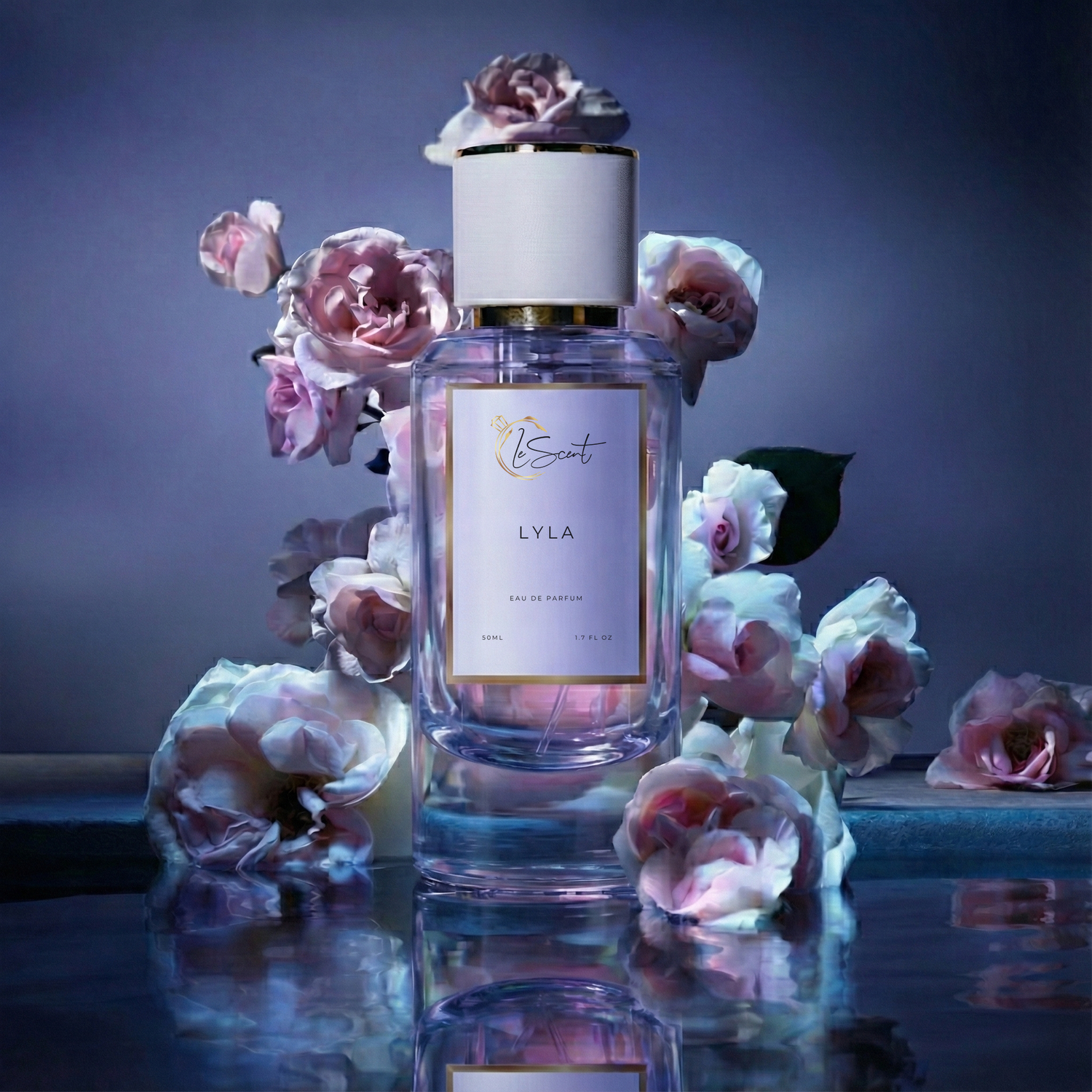 LeScent Lyla perfume bottle surrounded by soft pink roses with blue-toned cinematic lighting and reflective surface, premium inspired perfume fragrance influenced by Dior La Colle Noire