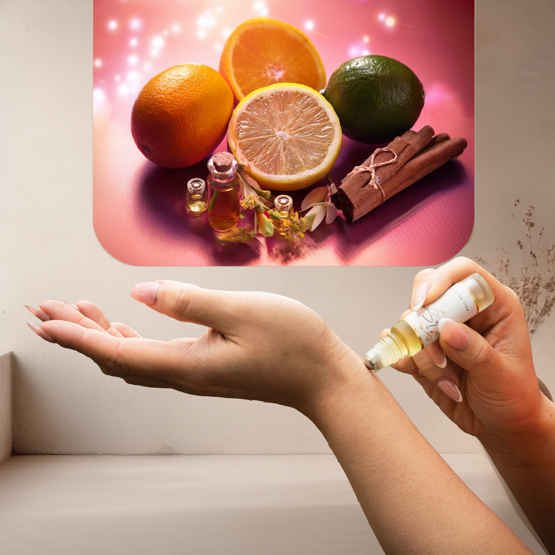 Applying LeScent Madame perfume oil, a bright citrus and patchouli fragrance inspired by Chanel Coco Mademoiselle, to the wrist.