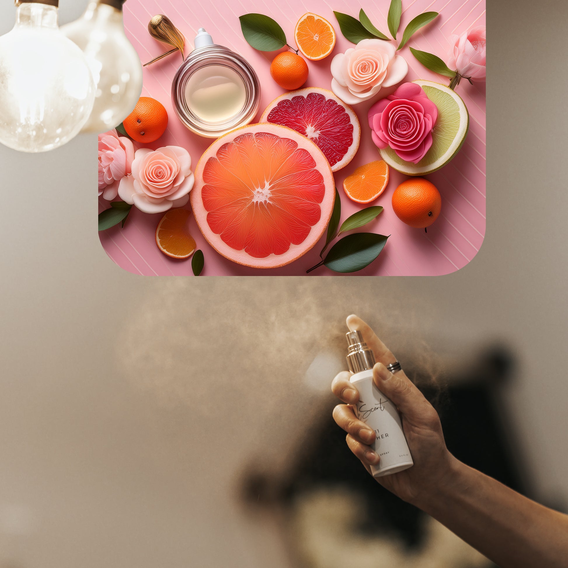 Spraying LeScent Madame home fragrance mist, a bright citrus floral scent with grapefruit and rose accords, inspired by Chanel Coco Mademoiselle.