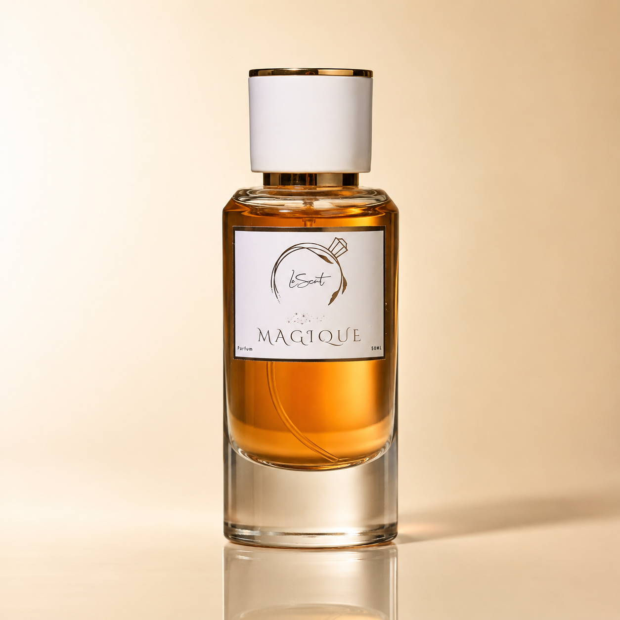 A bottle of 'Magique' perfume with amber-colored liquid, a white label, and a white cap with gold trim, set against a warm beige gradient background.