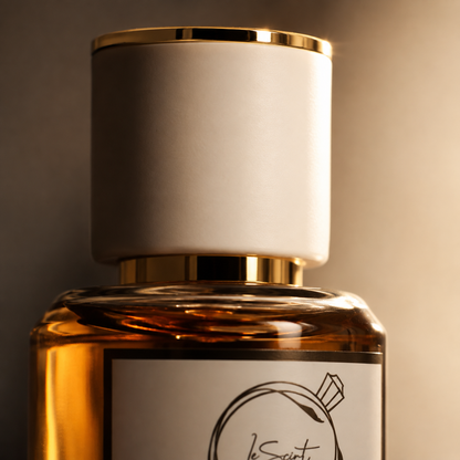 Close-up of a perfume bottle with a large white cylindrical cap, gold trim, amber liquid, and a white label with a black logo on a warm beige background.