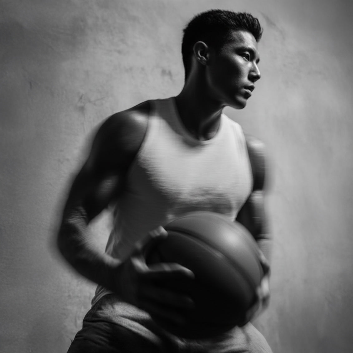 A black and white action shot with motion blur, showing an athletic man in a tank top about to shoot a basketball.