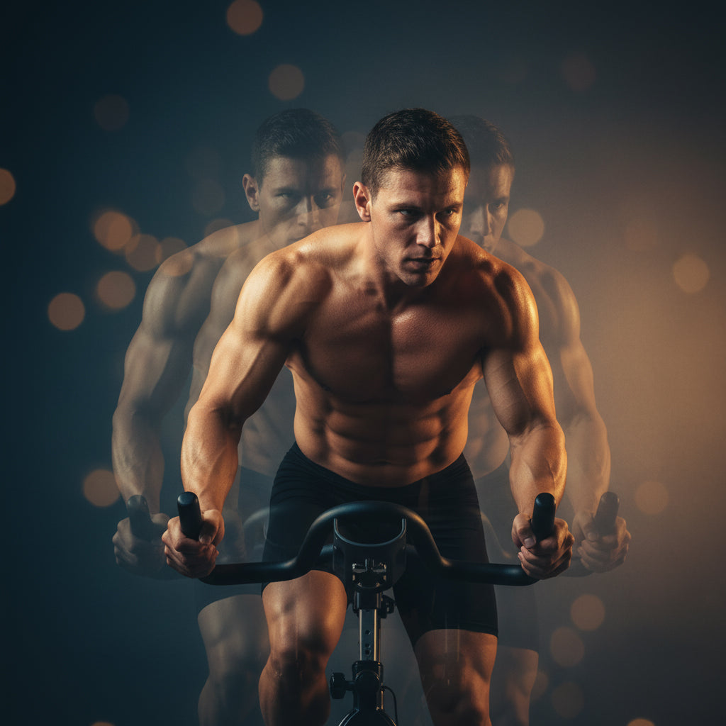 A muscular man on a stationary bike with a motion blur effect, representing energy and endurance for the LeScent men's collection.