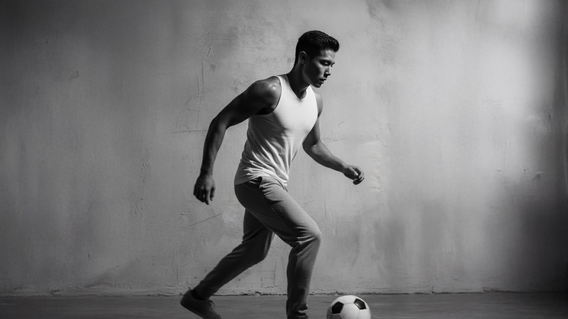 A wide banner in black and white of an athletic man in a tank top playing soccer, representing a sport fragrance.