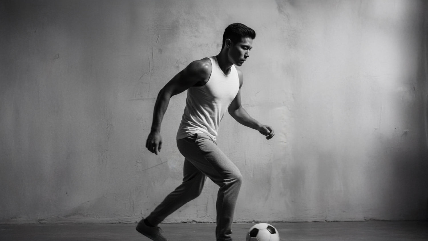 A wide banner in black and white of an athletic man in a tank top playing soccer, representing a sport fragrance.