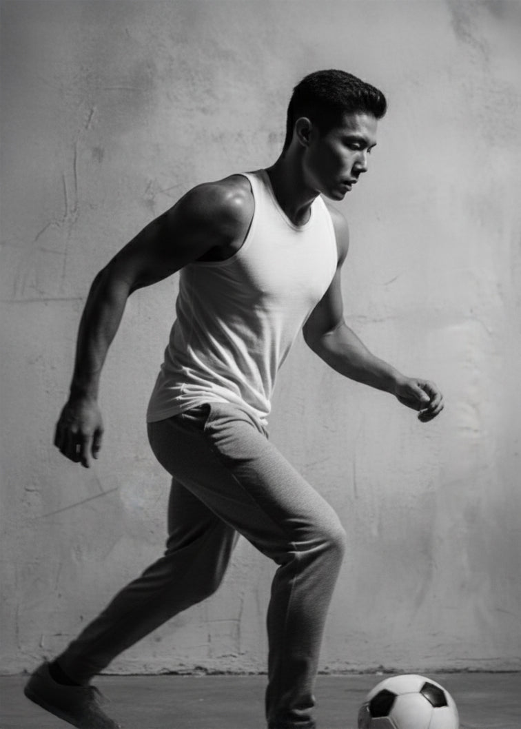 A black and white photo of an athletic man in a tank top and sweatpants dribbling a soccer ball.