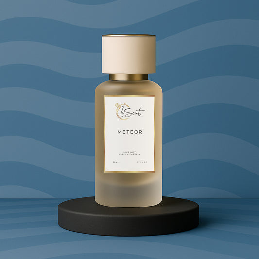 LeScent Meteor hair perfume, hair fragrance, hair perfume mist bottle on a dark base with a blue wave-pattern background, inspired by Louis Vuitton Météore.