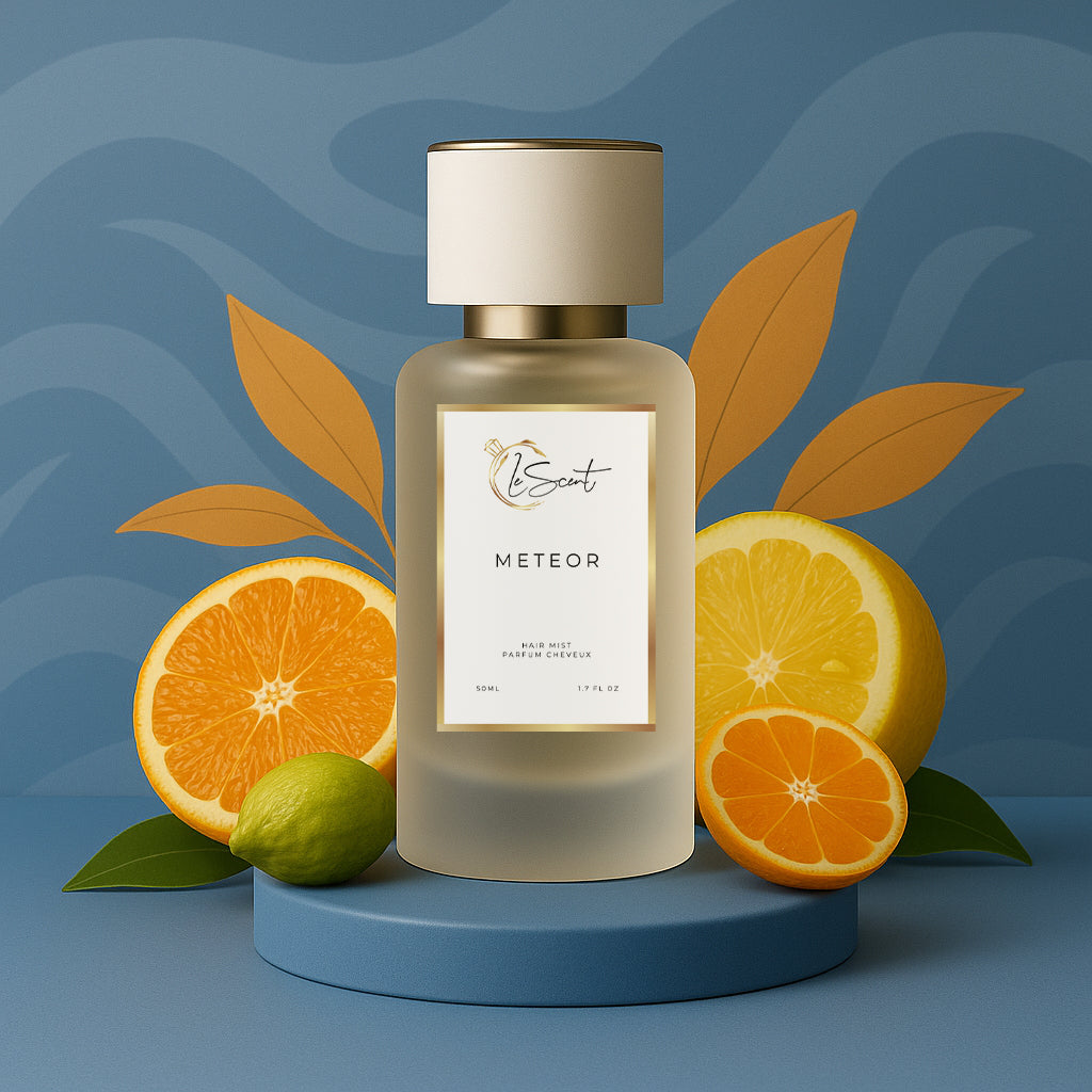 LeScent Meteor hair perfume, hair fragrance, hair perfume mist surrounded by sliced oranges, lime, and orange leaves arranged behind the bottle, inspired by Louis Vuitton Météore.