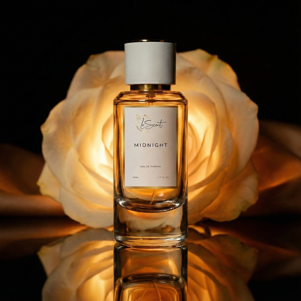 LeScent Midnight perfume fragrance bottle displayed in front of a softly glowing white rose with warm amber lighting, elegant reflection on a dark glossy surface, premium inspired perfume presentation inspired by Dior Ambre Nuit