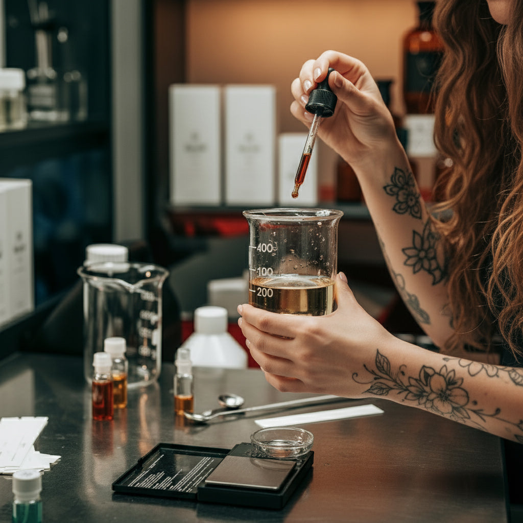 A perfumer with tattooed arms uses a glass dropper to add fragrance oil to a beaker in a formulation lab, with a digital scale and vials on the table.