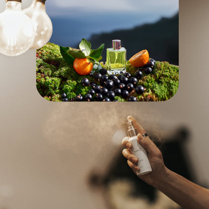 Hand spraying LeScent Montagne room fragrance freshener mist, with an ingredient visual panel showing blackcurrants, tangerines, green leaves, and a perfume bottle on natural moss, inspired by Creed Silver Mountain Water.