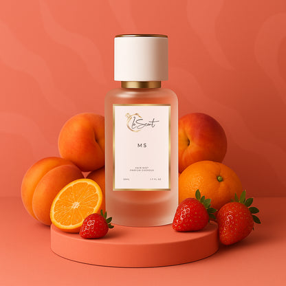 LeScent Ms hair perfume mist with ingredient notes of fresh apricot, orange, and strawberry, a fruity-floral fragrance inspired by Miss Dior.