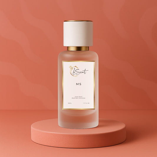 LeScent Ms hair mist bottle on a pink pedestal with a wavy pink background, inspired by Miss Dior.