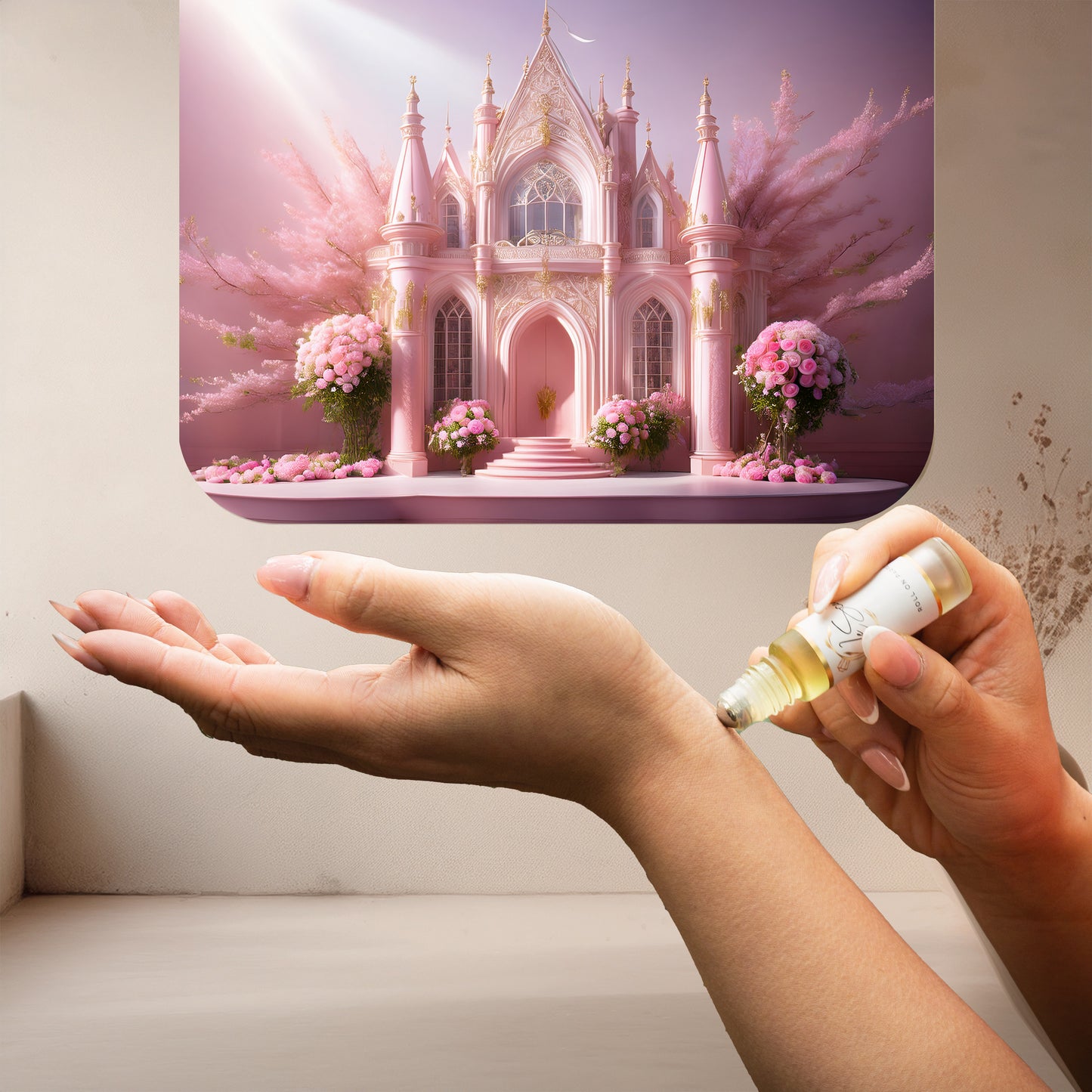 Applying LeScent Ms perfume oil, a fresh and romantic floral fragrance inspired by Miss Dior, to the wrist.