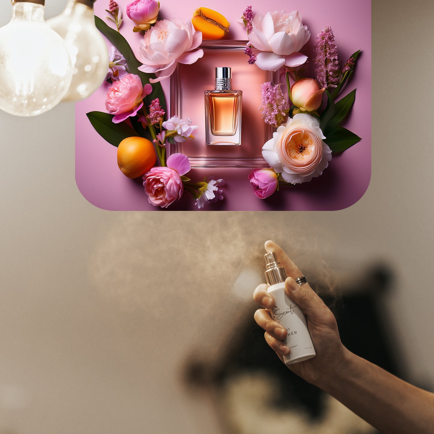 Spraying LeScent Ms home fragrance air freshener, a romantic floral scent with peony and rose accords, inspired by Miss Dior.