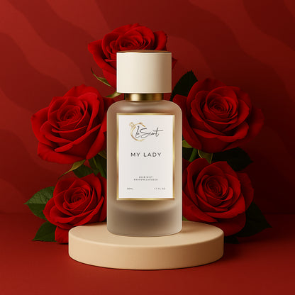 LeScent My Lady hair perfume mist bottle styled with vibrant red roses against a rich red backdrop, inspired by Frédéric Malle Portrait of a Lady.