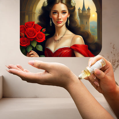 Applying LeScent My Lady roll-on perfume oil onto the wrist with a neutral background and a dramatic artistic portrait display above, inspired by Frédéric Malle Portrait of a Lady.