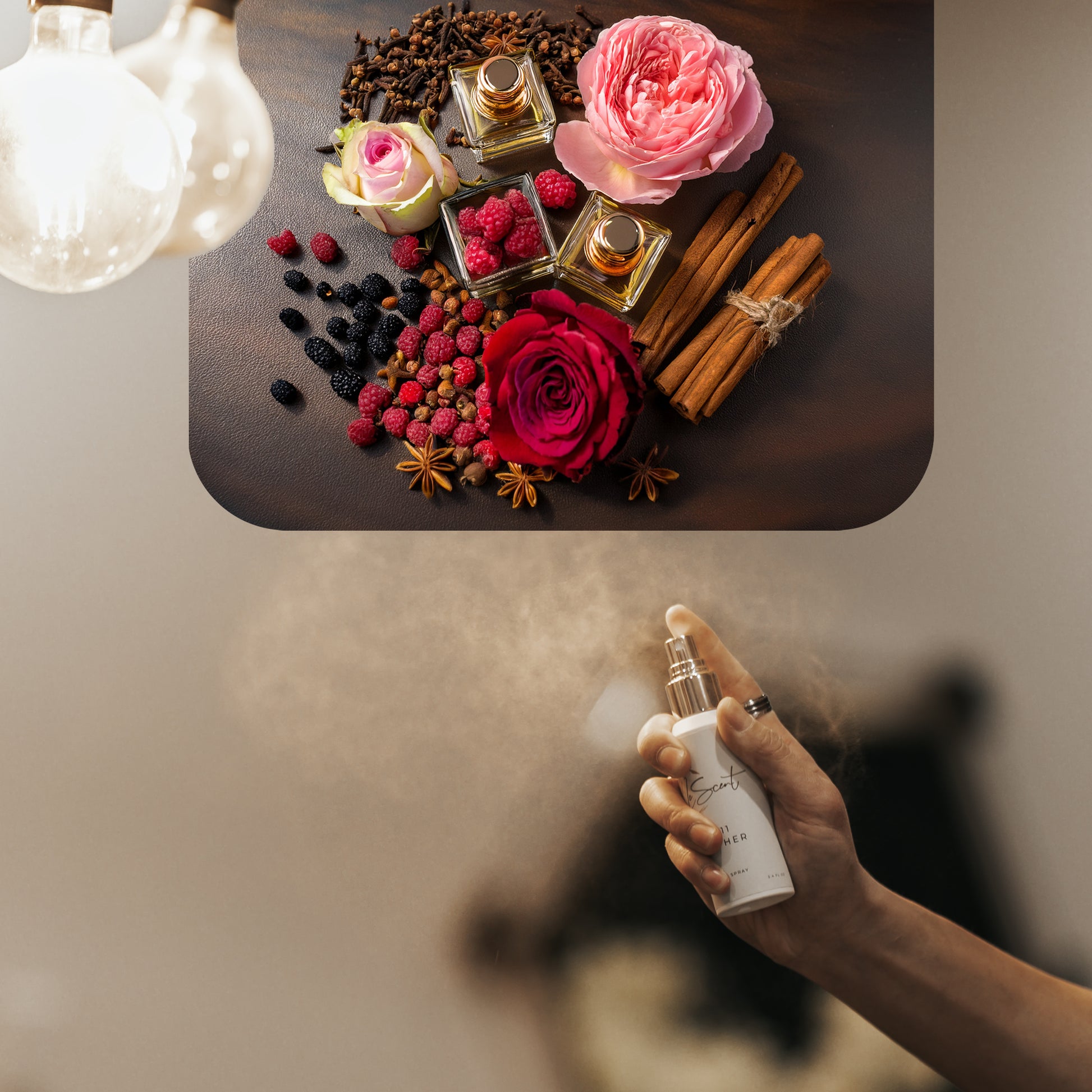 Spraying LeScent My Lady home fragrance freshener mist beneath a rich rose-themed fragrance mood panel, inspired by Frédéric Malle Portrait of a Lady.