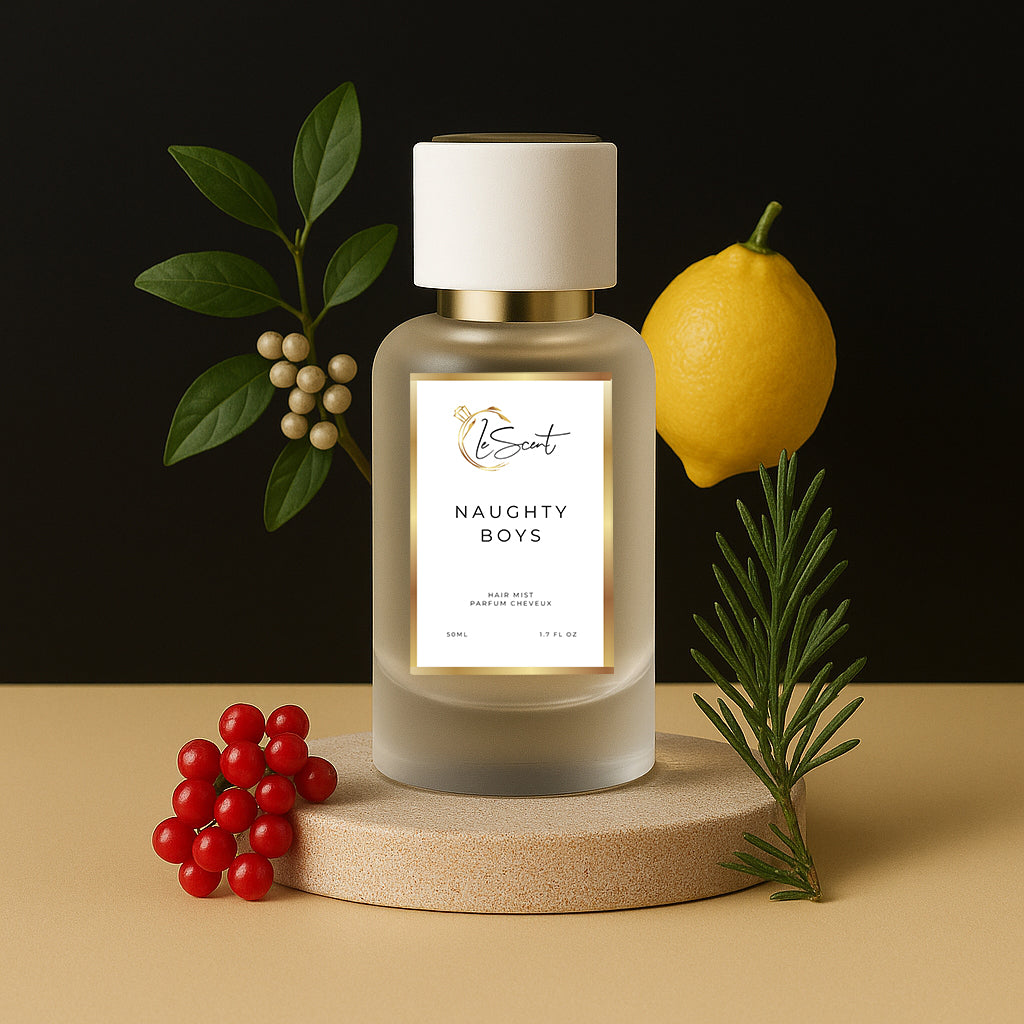 LeScent Naughty Boys hair perfume mist inspired by Carolina Herrera Bad Boy — crafted with notes of bright lemon, berries, and herbs for a fresh yet complex fragrance profile.