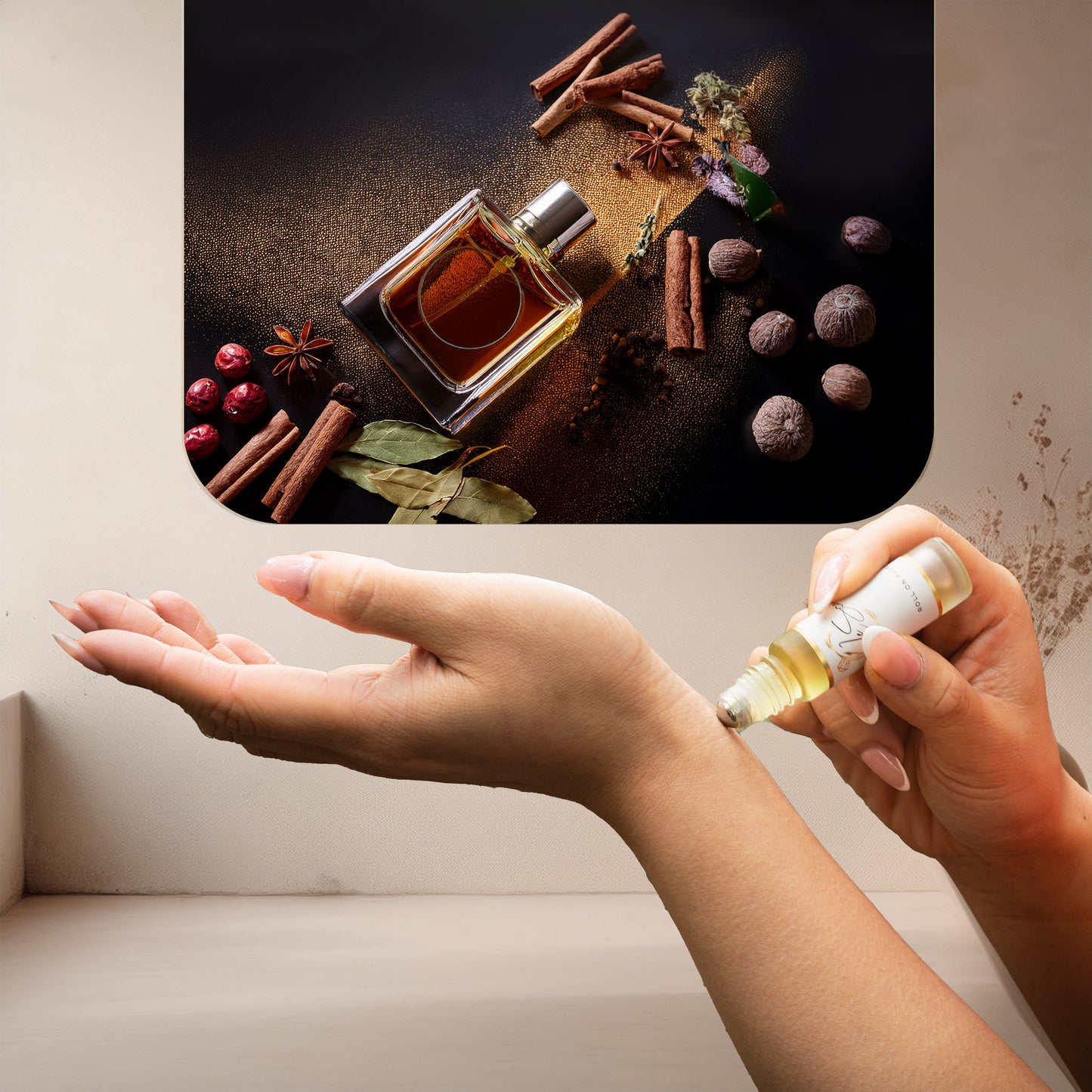 Applying LeScent Naughty Boys perfume oil roll-on inspired by Carolina Herrera Bad Boy — warm tonka bean and spicy pepper notes for a long-lasting and confident feeling.