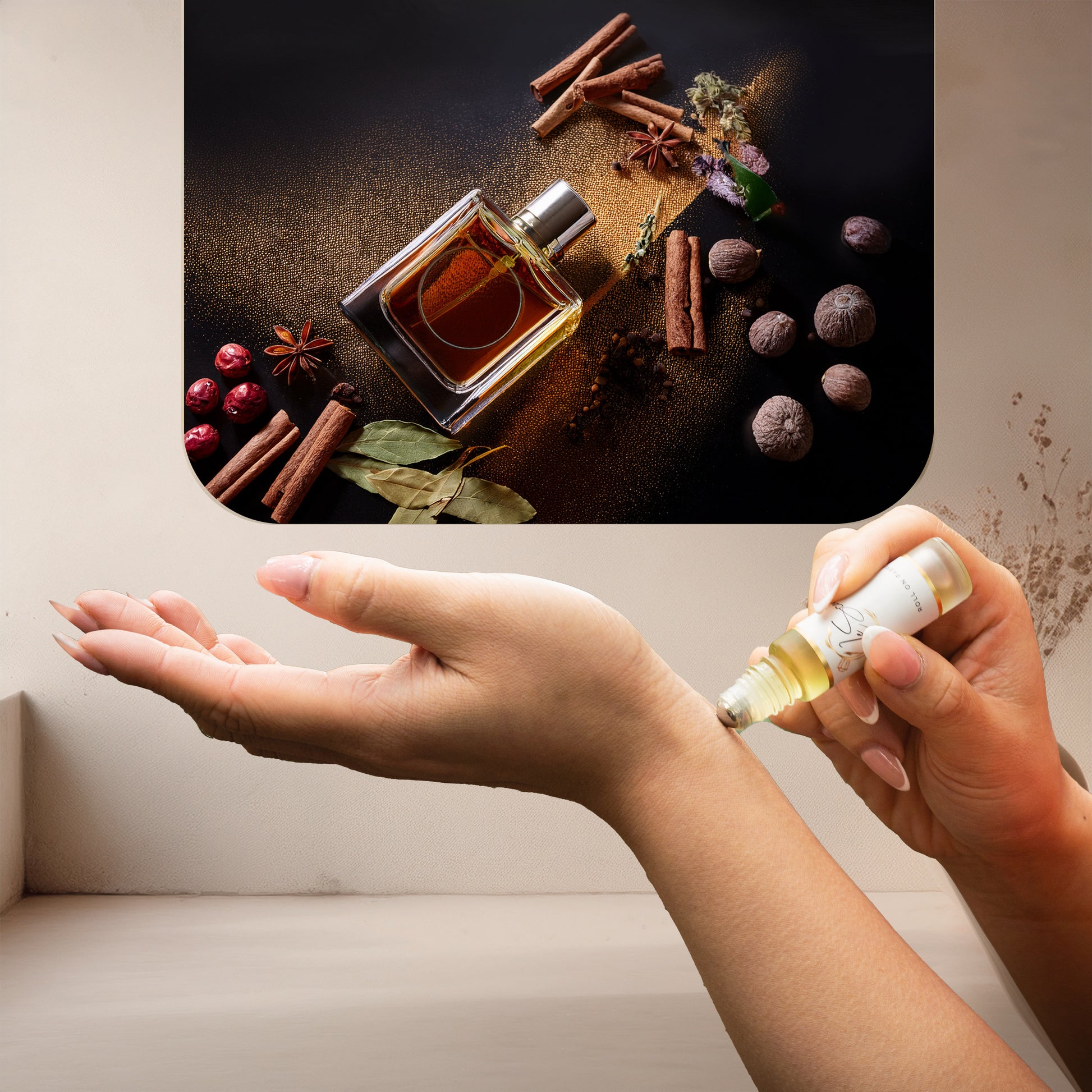 Applying LeScent Naughty Boys perfume oil roll-on inspired by Carolina Herrera Bad Boy — warm tonka bean and spicy pepper notes for a long-lasting and confident feeling.