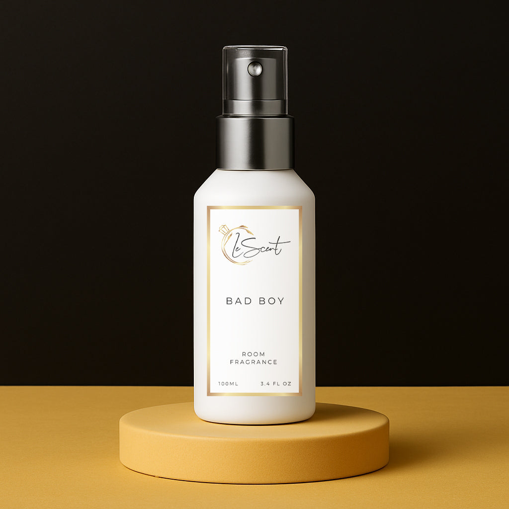 LeScent Naughty Boys room spray inspired Carolina Herrera by Bad Boy — rich cacao and amberwood home fragrance with supporting notes of spicy pepper.