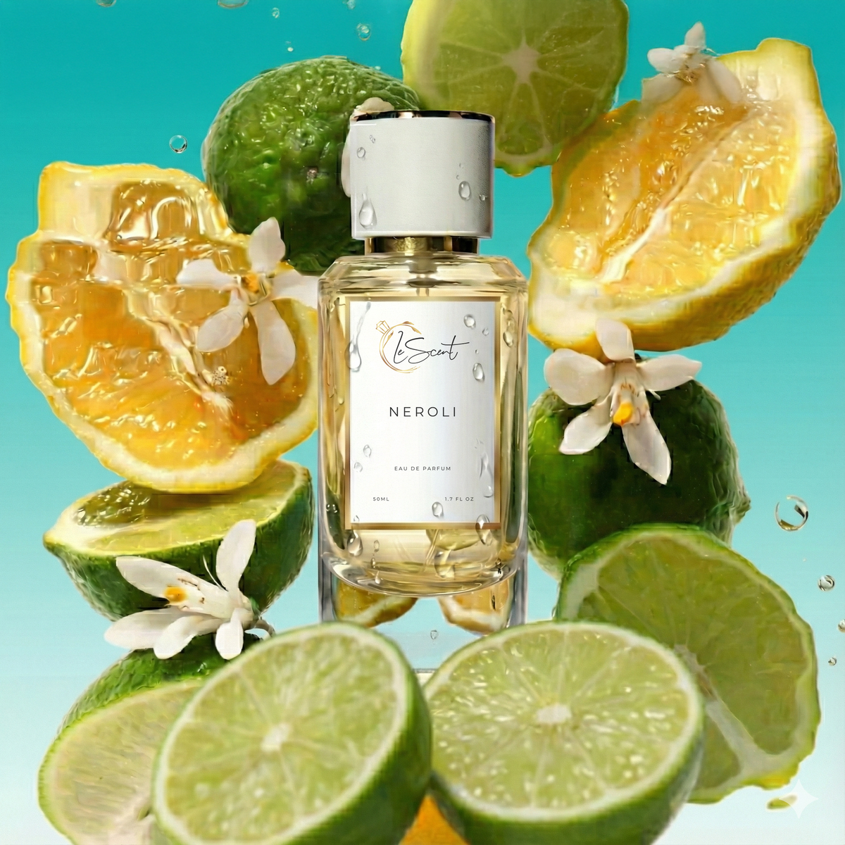LeScent Neroli perfume bottle surrounded by fresh citrus slices, lime, bergamot, and neroli flowers with water droplets against a turquoise background, inspired by Tom Ford Neroli Portofino.