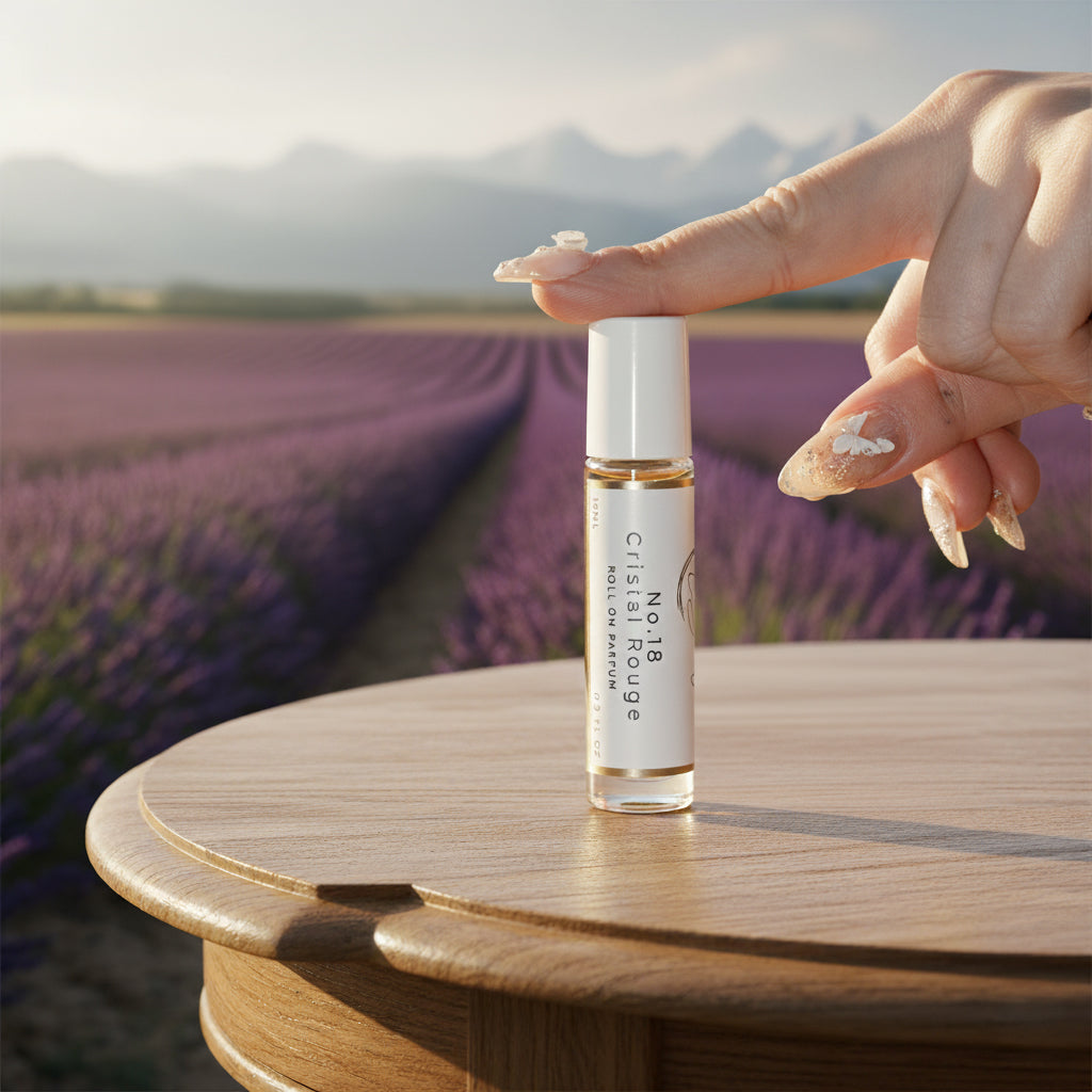 A hand with butterfly-themed nails placing a LeScent No. 18 Cristal Rouge roll-on perfume oil on a wooden table in front of a purple lavender field.