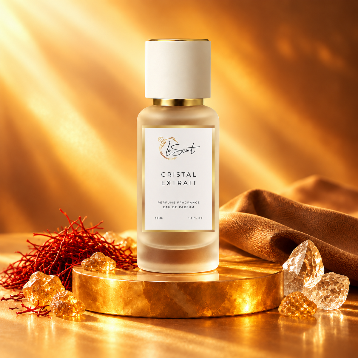 LeScent Cristal Extrait Eau de Parfum with saffron threads, frankincense resin, crystals and tan leather, inspired by Matiere Premiere Crystal Saffron.