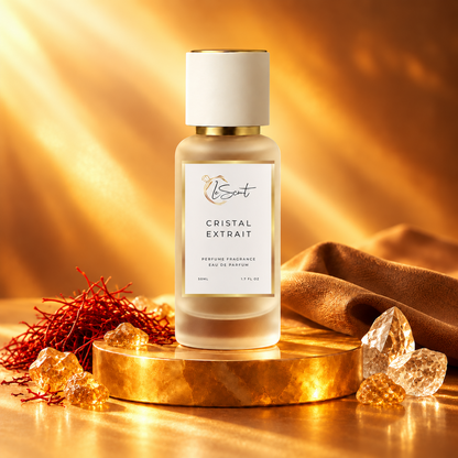 LeScent Cristal Extrait Eau de Parfum with saffron threads, frankincense resin, crystals and tan leather, inspired by Matiere Premiere Crystal Saffron.